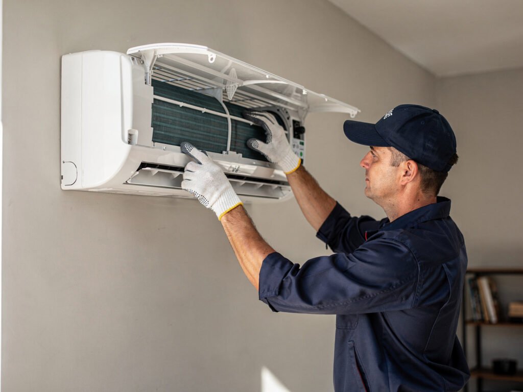 Technician servicing a wall air conditioner (illustrative)