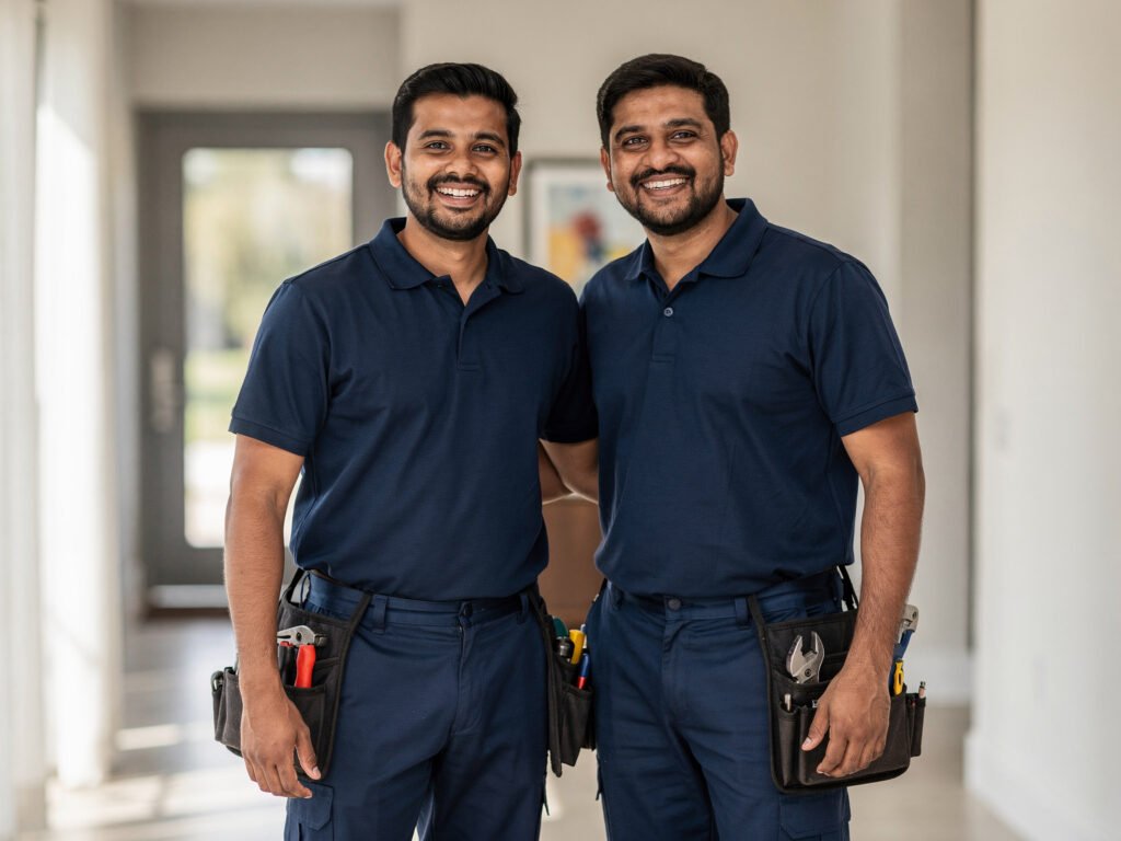 Two home service technicians with tool bags