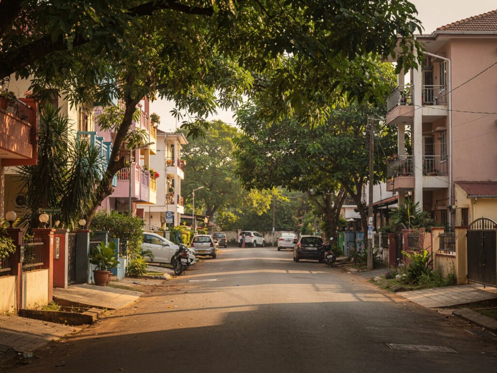 Residential neighbourhood street with apartment buildings