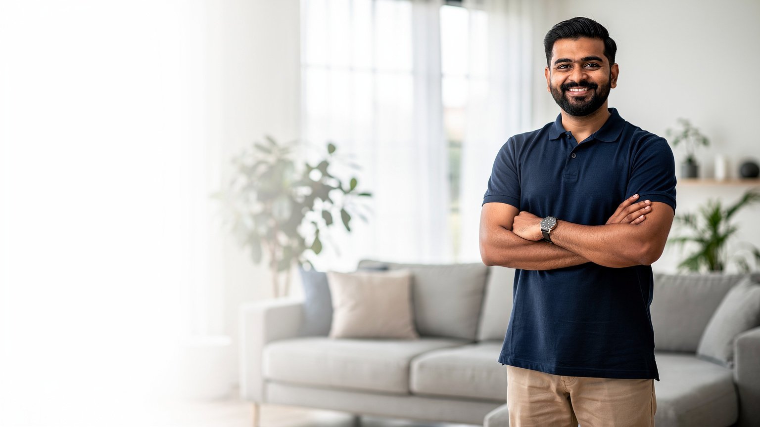 Friendly service technician in a modern living room (illustrative)