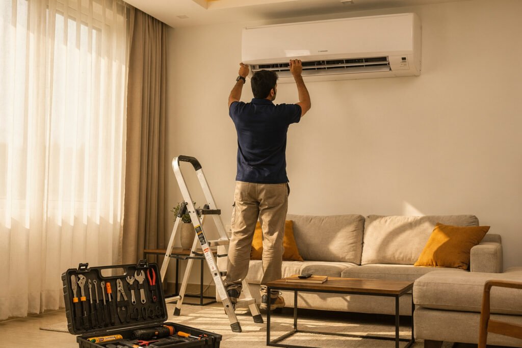 Technician servicing a wall-mounted split AC in a living room