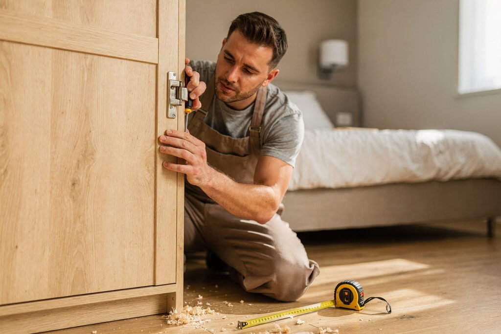 Carpenter fitting a wooden wardrobe door