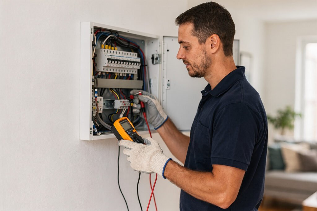 Electrician checking a home electrical panel with a multimeter