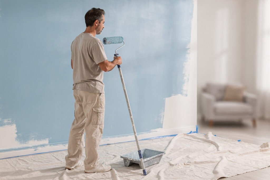 Painter rolling fresh paint on a living room wall