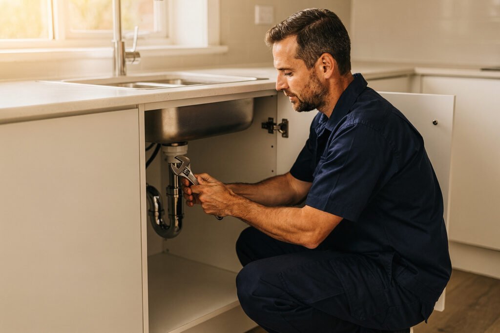 Plumber repairing pipes under a kitchen sink